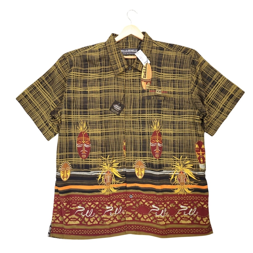 Pelle Pelle Button Up Shirt Mens XL Black New Vintage Tribal Mask Marc Buchanan